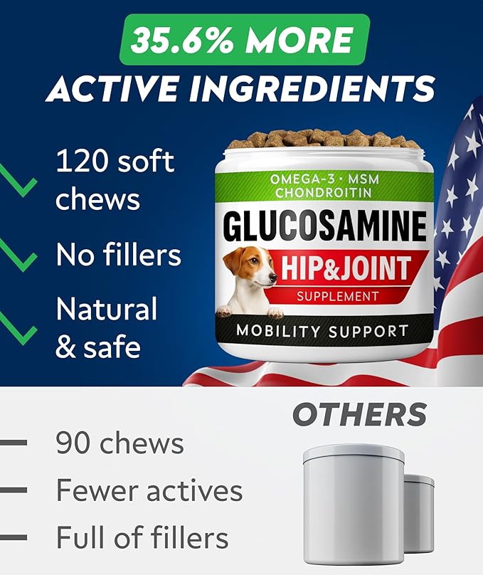 Glucosamine Treats for Dogs - Joint Supplement w/Omega-3 Fish Oil - Chondroitin, MSM - Advanced Mobility Chews - Joint Pain Relief - Hip & Joint Care - Peanut Butter Flavor - 180 Ct - Made in USA