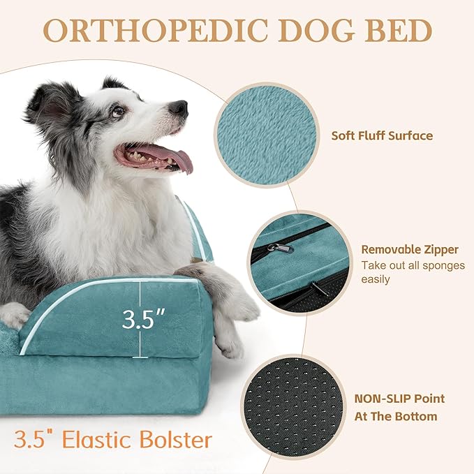 Comfort Expression Orthopedic Dog Bed for Small Dogs 20x14 Inch, Waterproof Supportive Egg Crate Foam Small Pet Bed with Removable Bolster, Dog Couch with Washable Cover & Non-Slip Bottom, Washed Blue