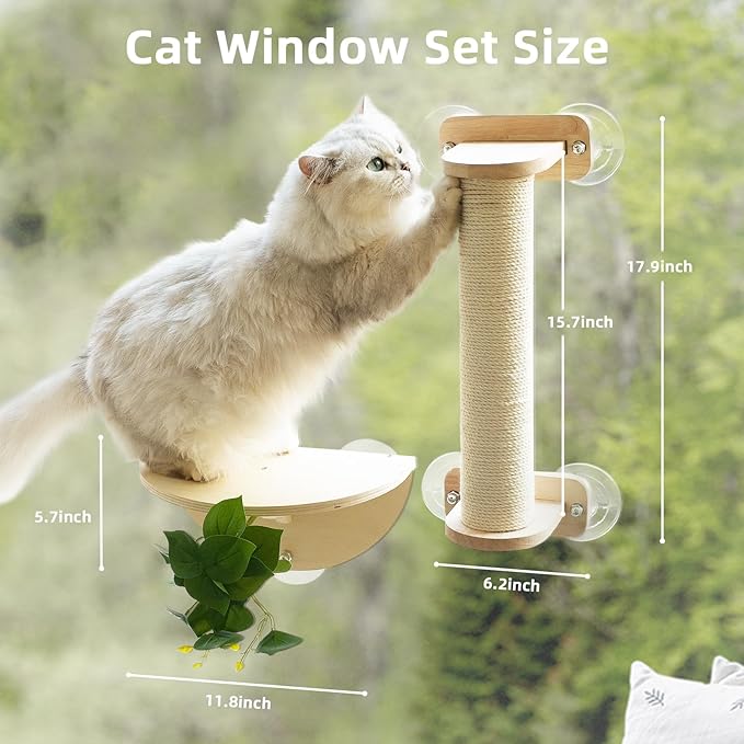 Meowoou Cat Window Scratching Post with Climbing Steps and Perches Wooden Window Mounted Cats Bed for Indoor Cats with Suction Cups(3 Pcs Cat Window Climber Set)