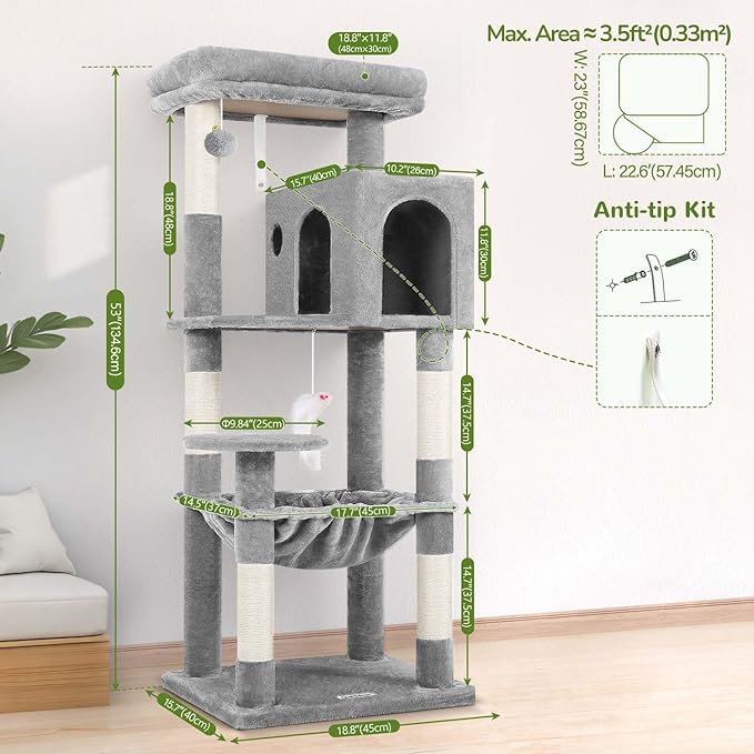 Globlazer Cat Tree Tower with Scratching Post for Indoor Cats, 53inch Tall Plush Multi-Level Cat Climbing Tower Condo House with Large Hammock, Spacious Cat Cave, Padded Top Perch Bed, F53, Light Gray