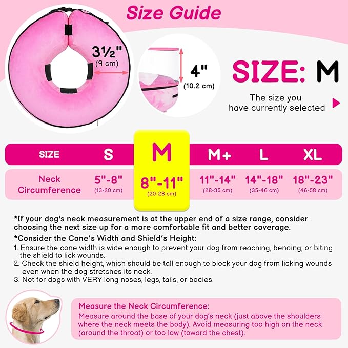 BARKLESS Inflatable Dog Cone, Protective Dog Surgery Collar to Stop Licking Biting Wounds, Patented Soft Donut Cone with Clear Shield, Adjustable Blow-up Collar for Surgery Recovery (Pink, M)