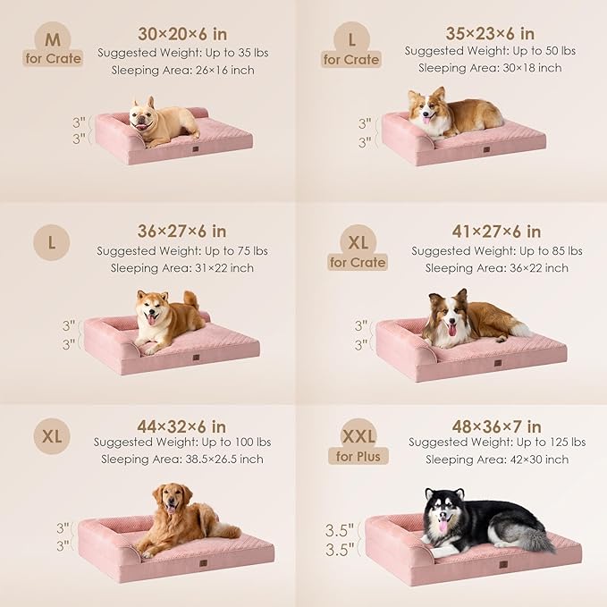 EHEYCIGA Memory Foam Dog Bed Large Sized Dogs, Pet Bed for Large Dog for Crate with Waterproof Liner, Pet Couch Bed Orthopedic with Washable Removable Cover, 35x23x6 Inches, Pink