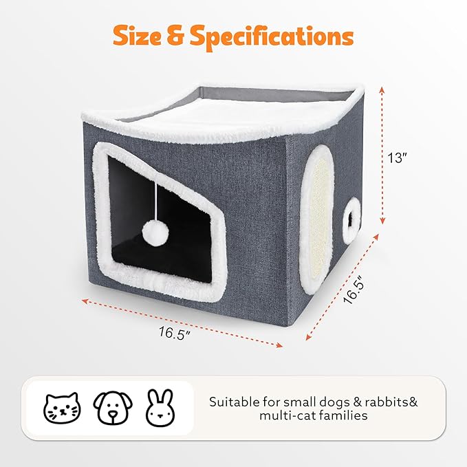 Heated Cat House for Indoor, Large Cat Bed with Heating Pad, Adjustable Temperature & Timing, with Fluffy Ball Hanging and Scratch Pad, Foldable Pet Hideaway for Small Medium and Large Cats（XL）