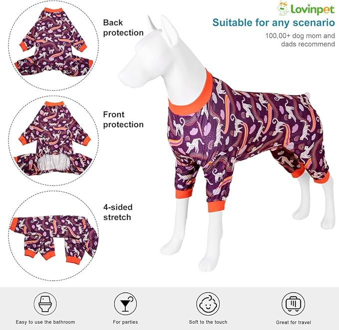 LovinPet Recovery Bodysuit for Medium Large Dogs, Anxiety Calming Pajamas, Lightweight Comfy Fabric, Rainbow Print, Large PJs, 4-Legged Pullover Onesie for Boy Or Girl, 2XL