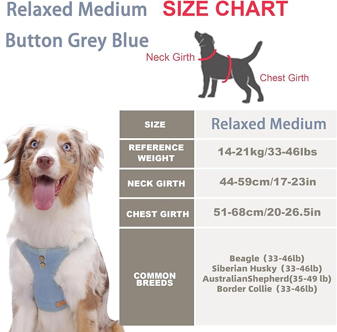 Dog Harness, No Pull Dogs Harness and Multi-Function Leash Set for Medium Dogs Easy Walk Everyday Adjustable Soft Dog Vest Harness Fashionable Dog Accessories Grey Relaxed Medium-Button-Grey Blue