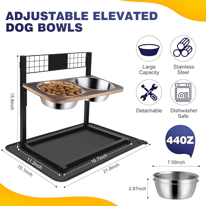 Ciconira Metal Elevated Dog Bowls with Slow Feeder & Spillproof Mat, 8°Tilted Raised Dog Bowl Stand with Two 1.3L Stainless Steel Food Water Bowls,4 Height Adjustable for Large Medium, Small Dogs