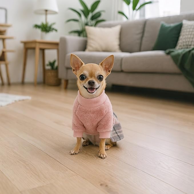 YUDODO Fleece Small Dog Sweater Dress with Bowtie, Female Fall Winter Warm Dog Clothes, Princess Sweater Dress for Small Dogs Girl (Pink, S)