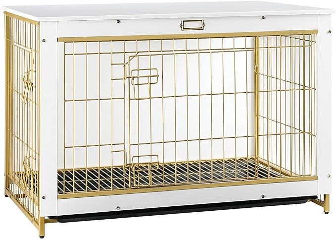 HOOBRO Dog Crate Furniture, 38.6" Large Dog Kennel Indoor, Wooden Cage with Pull-Out Tray, Double Doors Pet House Side End Table for Large/Medium/Small Dogs, White DW982GW03