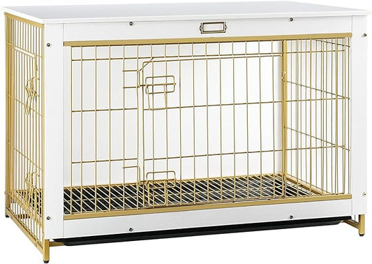 HOOBRO Dog Crate Furniture, 38.6" Large Dog Kennel Indoor, Wooden Cage with Pull-Out Tray, Double Doors Pet House Side End Table for Large/Medium/Small Dogs, White DW982GW03