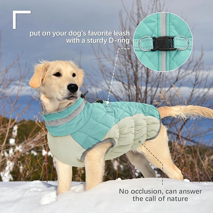 FUAMEY Dog Coat for Small Dogs,Waterproof Dog Winter Jacket with Harness Built in Puppy Cold Weather Coats Reflective Pet Vest with Zipper Warm Fleece Dogs Snowsuit Windproof Mint Green XS