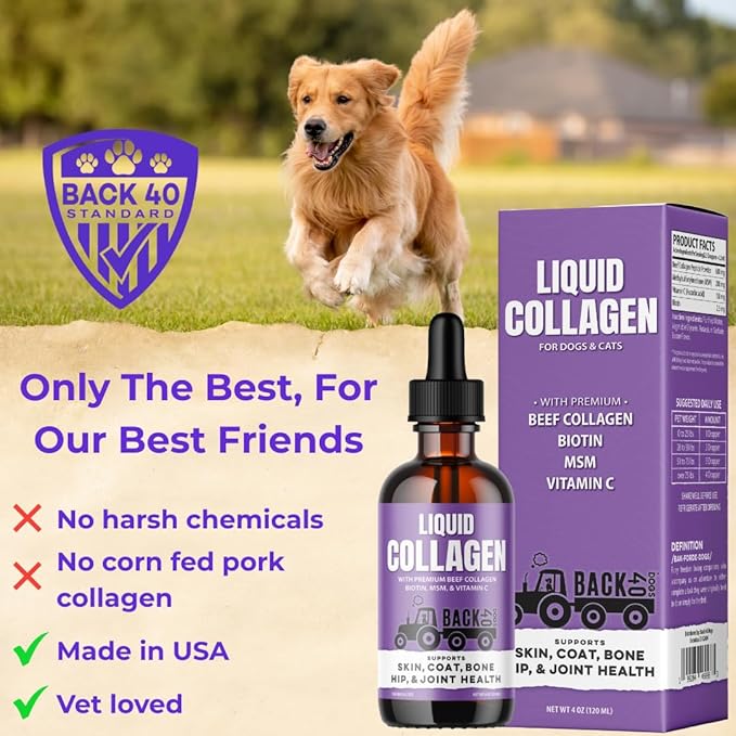 Back 40 Dogs Premium Grass-Fed Liquid Collagen for Dogs Skin and Coat, HIPS and Joints | Allergy Relief with Biotin, Vitamin C and MSM for Joint, Nails & Immunity | Made in USA
