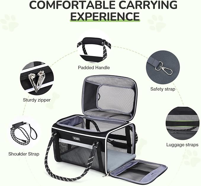 Lekereise Top Expandable Pet Carrier TSA Airline Approved Soft Sided Underseat Up to 12lbs Travel Carriers for Small Cats and Dogs with Convertable Dog Leash and Anti-Scratch Mesh