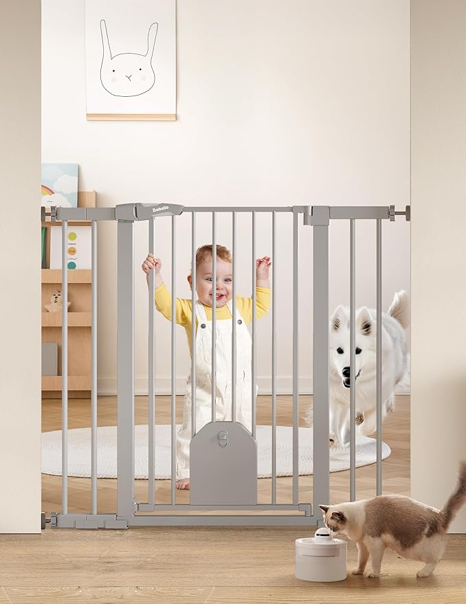 Babelio 36" Tall Auto Close Baby Gate with Cat Door,29-43" Metal Gate for Doorway,Stairs,House,Easy Walk Thru with pet Door,Includes 4 Wall Cups and 3 Extension Pieces,Gray