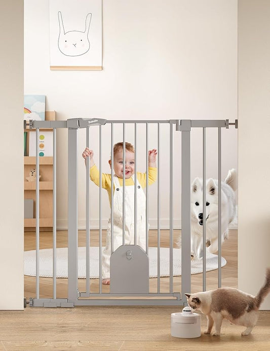 Babelio 36" Tall Auto Close Baby Gate with Cat Door,29-43" Metal Gate for Doorway,Stairs,House,Easy Walk Thru with pet Door,Includes 4 Wall Cups and 3 Extension Pieces,Gray