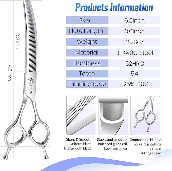 Curved Thinning Shears for Dogs Grooming 6.5'' Multipurpose Professional Pet Curved Blender Scissors for Small Dog Grooming 35% Thinning Rate (6.5 In, Curved Thinners)