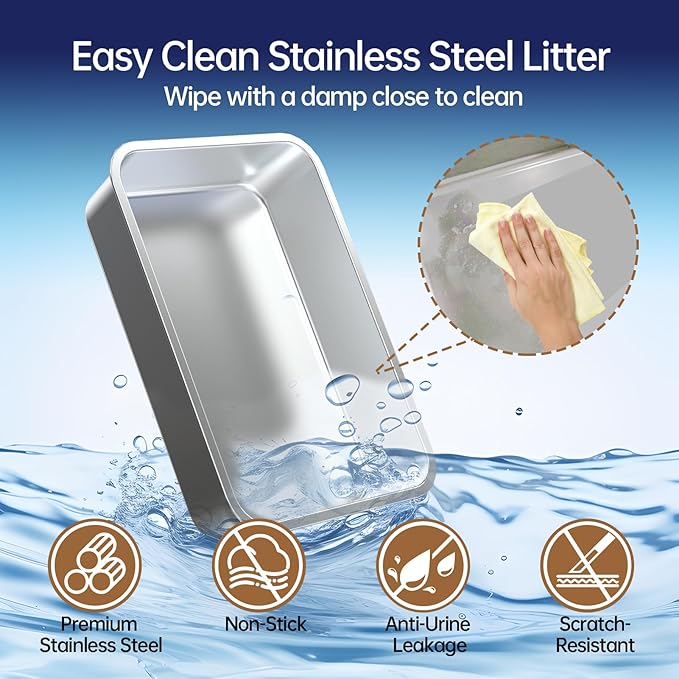 Stainless Steel Litter Box, Enclosed Cat Litter Box Metal Pan Tray with High Wall Sides Non-Stick No Smell Easy to Clean Pet Toilet Supplies for Indoor Cats,Kitten, Kitty, Rabbit (Side Pedal)