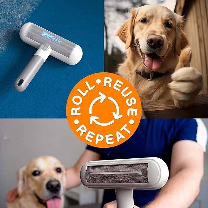 Triton Travel Pet Hair Removal Tool - Compact w/Removable Handle - Portable Reusable Lint Roller Cat and Dog Hair Remover Roller for Couch, Car, Clothes, Fur Cleaner for Quick Cleaning (Gray/White)