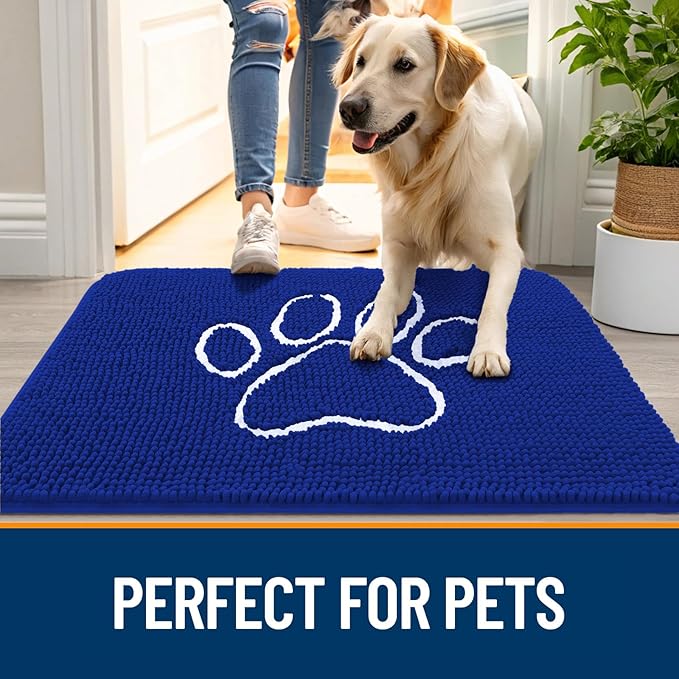 OLANLY Dog Door Mat for Muddy Paws 36x24, Paw Print Design, Absorbs Moisture and Dirt, Non-Slip Washable Doormat, Quick Dry Chenille Mud Mat for Dogs, Entry Indoor Entryway Carpet, Royal Blue