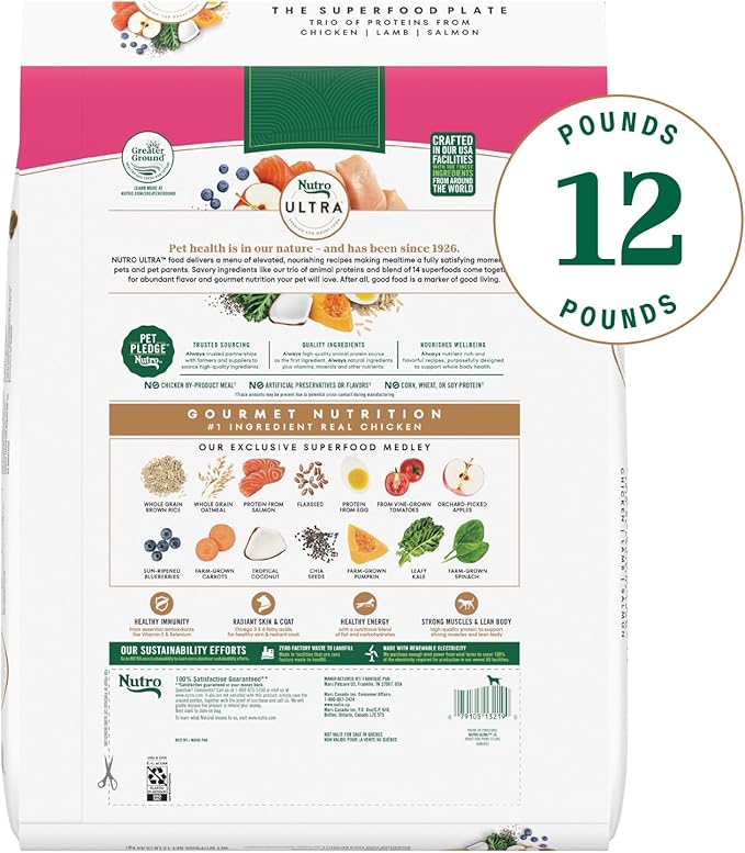 Nutro Ultra Adult Small Breed Dry Dog Food, Chicken, Lamb and Salmon Protein Trio, 12 lb Bag