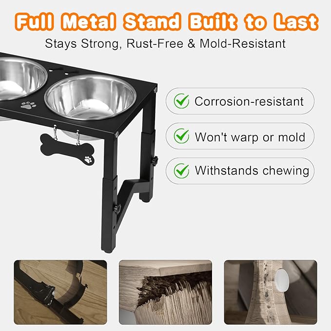 Elevated Dog Bowls, 3 Height Adjustable Metal Raised Bowl Stand with 2 Thick Stainless Steel Food Bowls & Spill-Proof Mat, Adjusts to 14.2'', 12.2'', 10.2'' for Large/Medium Breeds