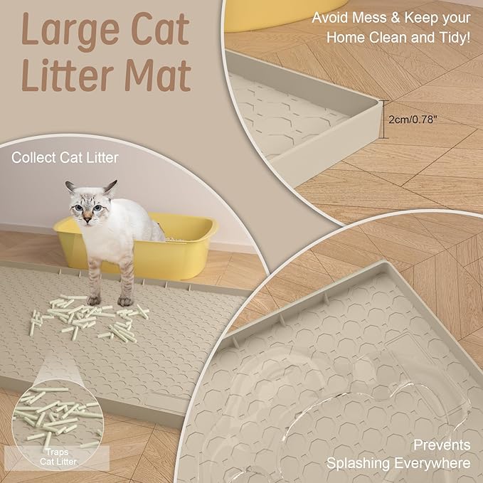 Large Cat Litter Mat 34"x22", Cat Litter Trapping Mat For Litter Box, Silicone Pet Feeding Mat With Raised Edges Waterproof, Beige