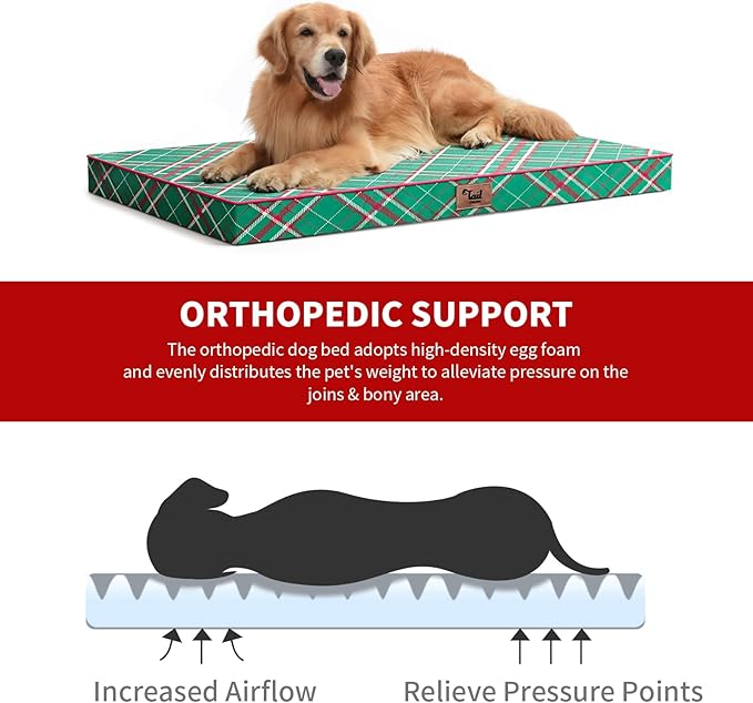 Outdoor Extra Large Dog Bed, Waterproof Dog Bed for Large Dogs, Egg Crate Foam XL Pet Bed with Removable Washable Oxford Cooling Cover, Plaid