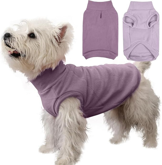 IECOii 2 Pack Fleece Dog Sweater - Warm & Soft, Stretchy Dogs Fleece Sweaters for Small Breeds Boy Girl, Thermal Coat for Fall & Winter Indoor Outdoor(Size M,Dark Purple & Light Purple)