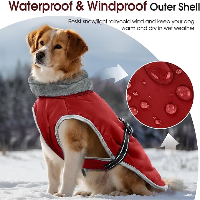 Warm Dog Jacket,3XL Dogs Reflective Adjustable Winter Coat with Turtleneck for Cold Weather,Waterproof Fleece Snowsuit Large Dogs,Pet Cold Weather Coats,Dog Winter Coat Windproof,Red,3XL