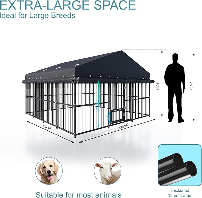 10x10x6 FT Outdoor Dog Kennel, Dog Enclosures Fence with UV-Resistant Waterproof Roof Cover and Triple Locks, Heavy Duty Metal Dog Houses for Large Dogs Outside (118" W x 119" D x 78" H)