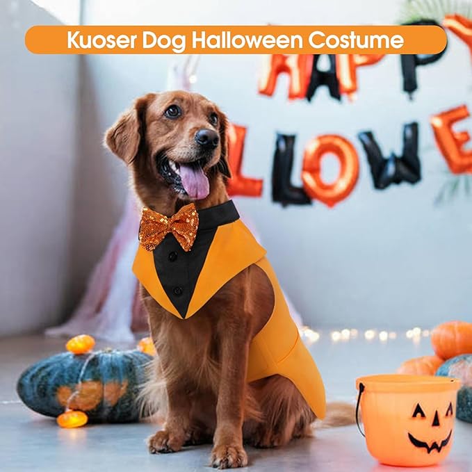 Kuoser Dog Tuxedo Suit and Bandana Set, Pumpkin Color Dogs Thanksgiving Outfit Adjustable Dog Halloween Costume with Bow Tie for Large Medium Small Dogs Golden Retriever Samo Bulldogs, S