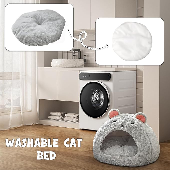 Cozy Mouse Ear Pet Cave Bed Ultra-Soft Gray Plush cave Bed, Cat Cave Beds Cat House Cat Tent with Removable Washable Cushioned Pillow, Cat Beds&Dog Beds,Perfect for Small & Medium Pets