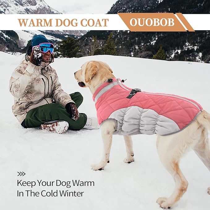 Large Dog Coat, XXLarge Dog Winter Coat, Waterproof Pet Jacket with Back Zipper,Extra Large Pet Coats, Warm Fleece Jacket with D-Ring, Windproof Winter Clothes Golden Retriever,Pink,XXL