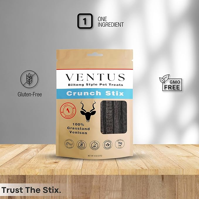 VENTUS Jerky Crunch Stix - Single Ingredient High Protein Dog Training Treats, Wild Venison, Air-Dried, Grain Free Training Treats for Dogs, 8 oz