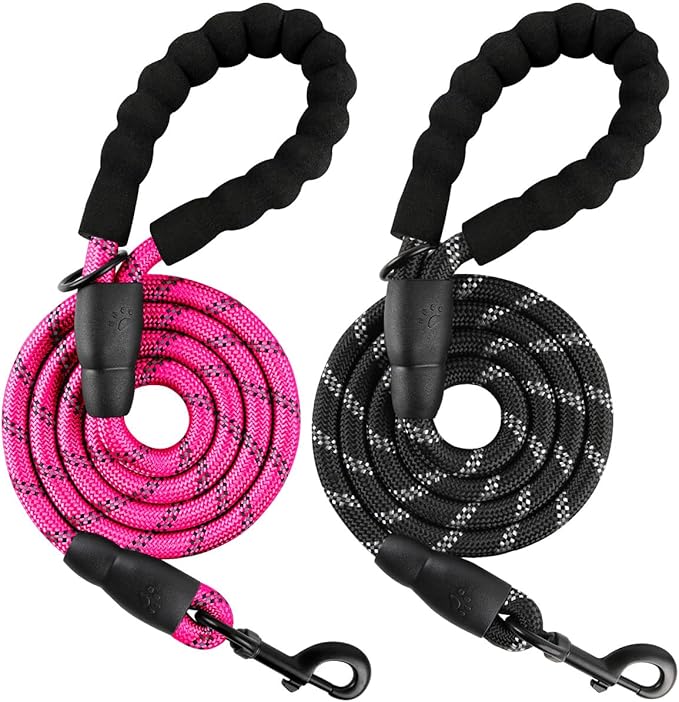 BARKBAY Dog Leashes for Large Dogs Heavy Duty Dog Leash 2 Pack 5 FT with Comfortable Padded Handle Highly Reflective Threads for Medium Large Dogs Walking Training Running (5FT-1/2,Fushcia+Black)