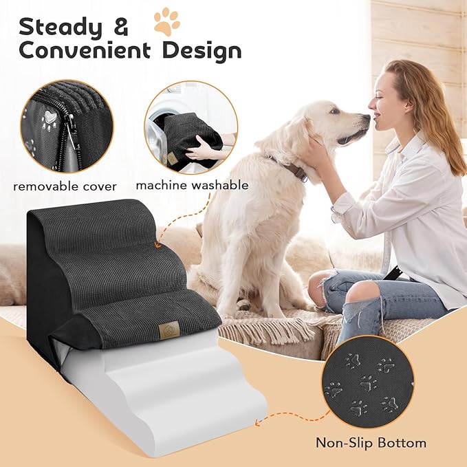 Mestuel Dog Stairs for High Bed, 22.8in Large Foam Pet Stairs to High Bed, 5 Steps Dog Stairs Ramp Indoor with Non-Slip Bottom, Pet Stairs for Large Small Medium Dogs, Black