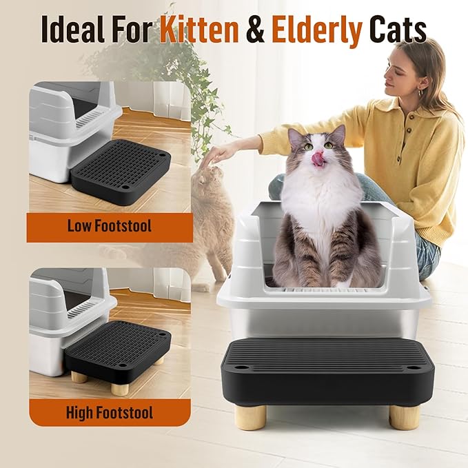 Cat Litter Box Step Ramp, Cat Litter Catcher Mat with Wooden Feet, Filter Function, Pedal Stool for Self-Cleaning Litter Box, Ideal for Kitten & Elderly Cats (Black)