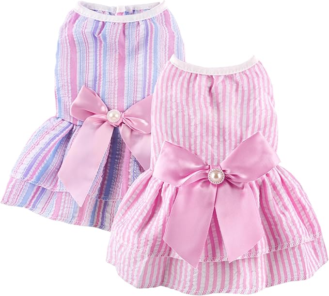 2 Pieces Dog Dress Princess Stripe Pet Dresses for Small Dogs Cute Bowknot Dog Summer Clothes for Dogs Cats Pets Puppy Chihuahua Yorkies