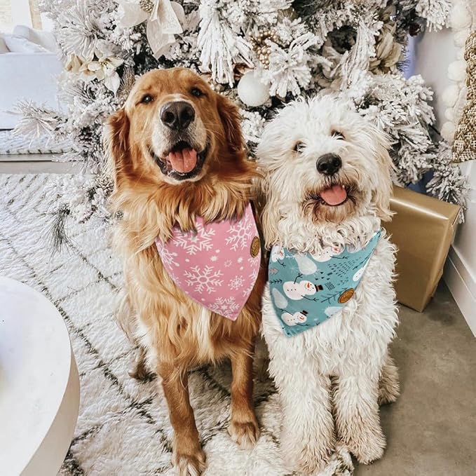 CROWNED BEAUTY Christmas Dog Bandanas Reversible Large 2 Pack, Winter Whimsy Set, Adjustable Triangle Scarves for Medium Large Extra Large Dogs Girl Boy Pets DB80-L