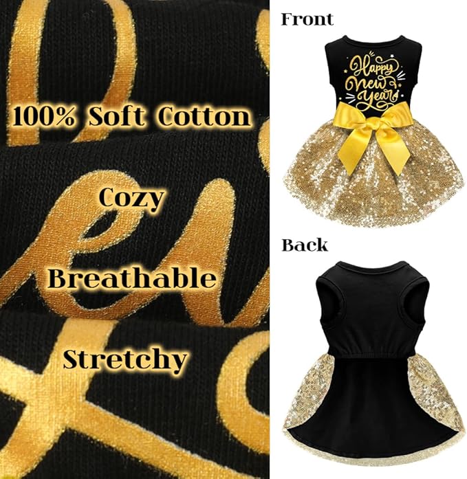 Happy New Year Dog Outfit, Dresses and Costumes for Small Large Dogs - Funny Puppy Dress With Bow, Holiday Costume for Halloween Christmas
