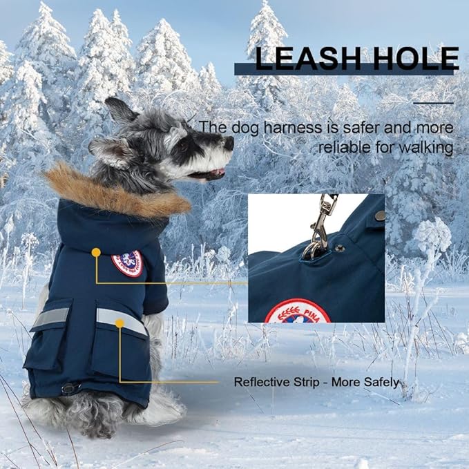 PINA Small Dog Coats - Waterproof, Warm Winter Jacket with Faux Fur Hood, Reflective, Flannel Lined, Windproof, Pocket