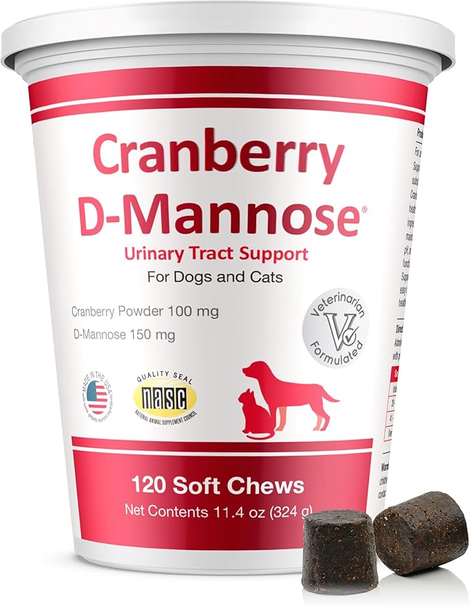 Cranberry D-Mannose Urinary Tract Support Supplement for Cats and Dogs - Cranberry Extract, D-Mannose, Vitamin C - Bladder and UTI Treatment - Made in USA - 120 Soft Chews