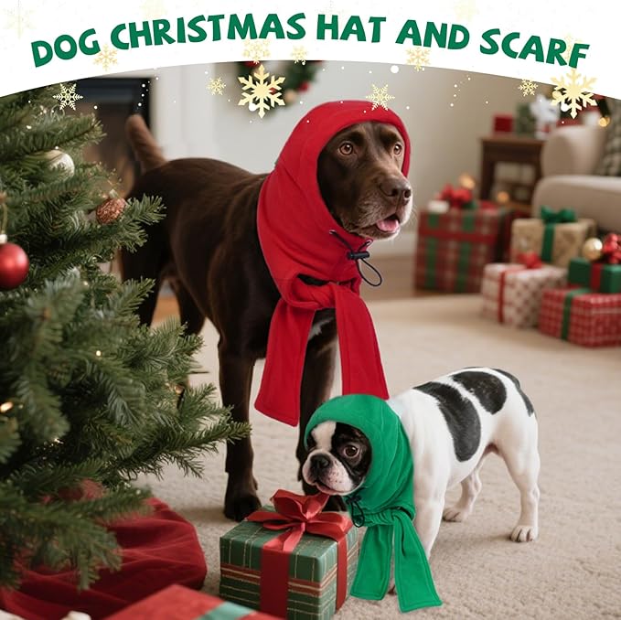 DENTRUN XL Dog Hood with Scarf - Extra Warm Fleece Hat for X-Large Dogs/Cats/Sheep, Adjustable Pom Pom Design, Christmas Pet Outfit, Green (XL:16-27" Head Girth)