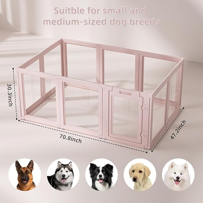 DIY Clear Acrylic Dog Playpen House,Quick Easy Assembly and Disassembly,Strong Floor Suction,Indoor and Outdoor Use,Easy Cleansing Puppy Fence (Skin Pink, 30.3" H, 10PCS)