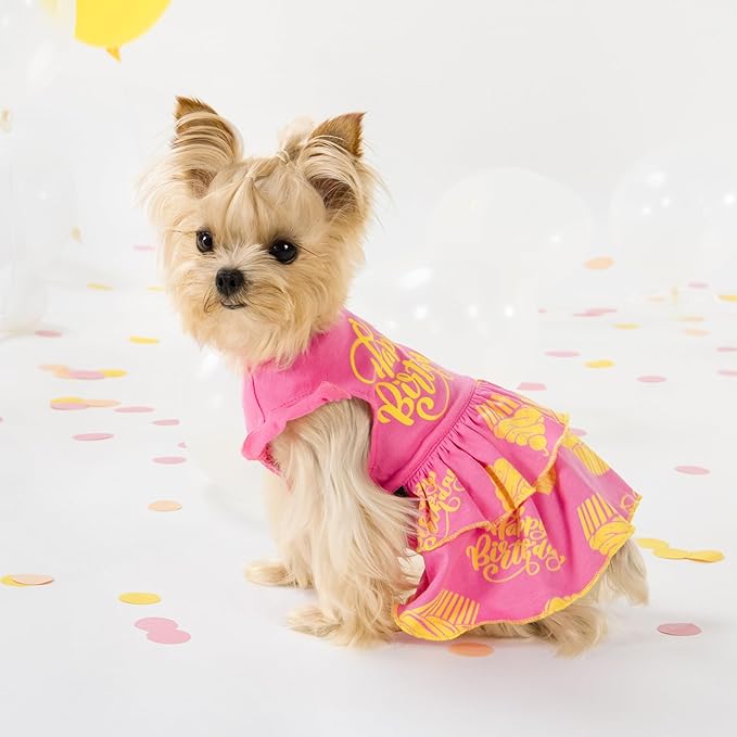 Fitwarm Happy Birthday Dog Tiered Dress, Dog Clothes for Small Dogs Girl, Pet Birthday Outfit, Doggy Apparel, Yellow, Rose Pink, XXS