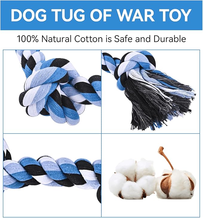 Dog Rope Toy 37.4 in, 6 Knots Dog Tug of War Toys for Aggressive Chewers, Indestructible Rope Toys for Medium Large Dogs, Blue-White