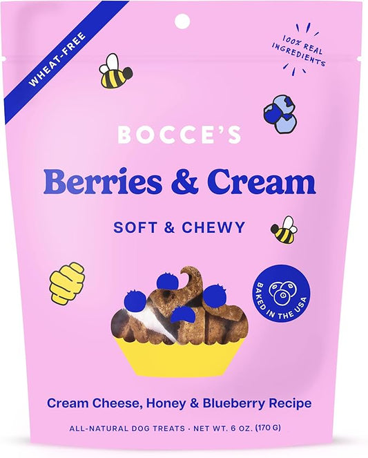 Bocce's Bakery 'Berries & Cream Treats for Dogs, Wheat-Free Everyday Dog Treats, Made with Real Ingredients, Baked in The USA, All-Natural Soft & Chewy Cookies, Cream Cheese & Blueberry, 6 oz