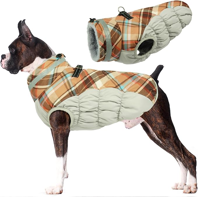 Lelepet Warm Dog Winter Coat Dog Coats for Large Dogs Waterproof Dogs Jacket with Harness Built in Reflective Cold Weather Coats Zip-Up Winter Fleece Vest Snowsuit Boston Terrier Brown Plaid L