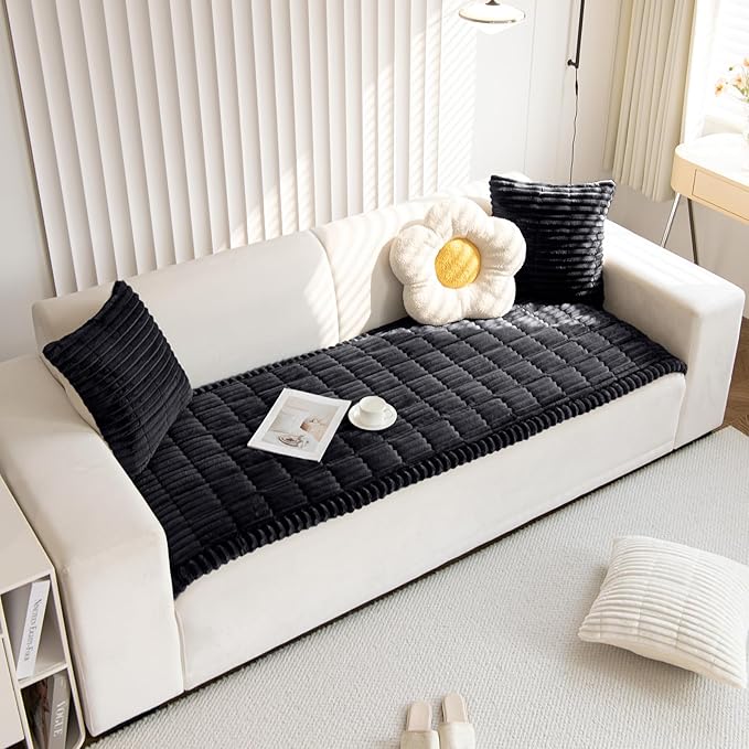 Faux Fur Plush Dog Couch Cover 3D Stripe Fuzzy Sofa Cover Non-Slip Fluffy Dog Bed Cover Pet Blanket Sofa Couch Furniture Protector for Puppy Large Dog Cat (Black,24"x59")