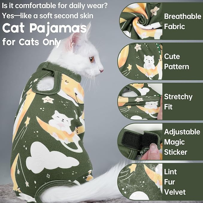 QBLEEV Cat Onesie for Cats After Surgery, Sticky Hair Cat Pajamas for Cats Only, Recovery Suit Shirt for Male Female, Full Body Long Sleeve Surgical Bodysuit, Stop Licking & Shedding