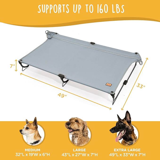 Daisy Cot, XL Foldable Elevated Dog Bed, Portable Raised Outdoor Folding Dog Cots, Cooling, Chew Proof, Waterproof, Heavy Duty Up to 160 lbs for Camping/Home, Grey, 49"x 33"x7"
